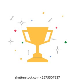 Golden Trophy With Confetti And Sparkles In Flat Vector Illustration Symbolizing Achievement, Victory, And Success, Isolated On White Background.