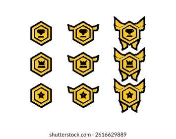 golden trophy, crown and star rank badge medal, modern retro trendy pixel art decoration elements vector illustration for game or any template