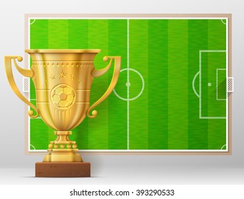 Golden trophy cup against soccer pitch. Sport award and association football field. Vector illustration