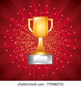 golden trophy cup award prize with pedestal red background
