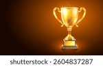 Golden trophy cup. Award winner, champion prize, golden cup, soccer tournament, competition success, contest reward, victory celebration, gold goblet, 3D icon, congratulation ceremony, win concept.