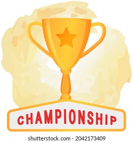 Golden trophy cup, award to winner on white background. Vector illustration of prize with two grips. Glossy award, first place, winner symbol, championship element of goal, first place, trophy