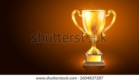 Golden trophy cup. Award winner, champion prize, golden cup, soccer tournament, competition success, contest reward, victory celebration, gold goblet, 3D icon, congratulation ceremony, win concept.