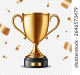 Golden Trophy cup. Banner or poster with shiny champion goblet and falling confetti. Prize or award for winner of competition. Realistic 3D vector illustration isolated on transparent background