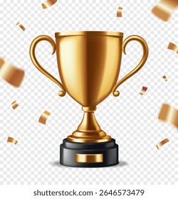 Golden Trophy cup. Banner or poster with shiny champion goblet and falling confetti. Prize or award for winner of competition. Realistic 3D vector illustration isolated on transparent background