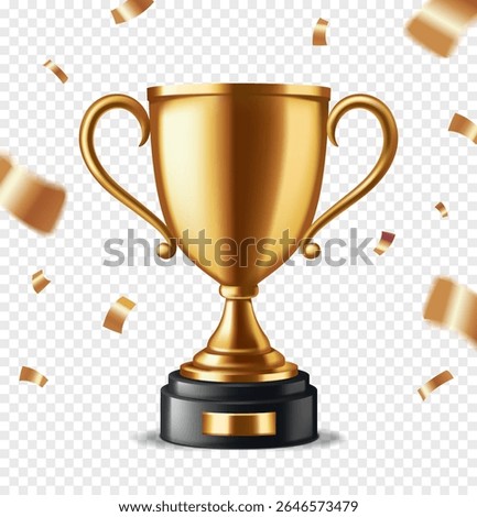 Golden Trophy cup. Banner or poster with shiny champion goblet and falling confetti. Prize or award for winner of competition. Realistic 3D vector illustration isolated on transparent background
