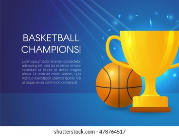 Golden trophy cup with a basketball ball. Poster. Vector illustration