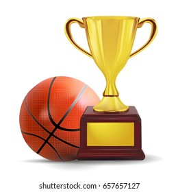 Golden trophy cup with basketball ball isolated on white background. Vector illustration