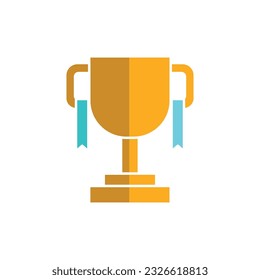 Golden trophy cup with blue ribbon colour icon vector. Reward and achievement symbol stock illustration. Youth sport trophy cup icon for web or game interface. Prize for championship.