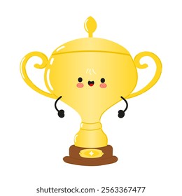 Golden trophy cup character. Vector hand drawn cartoon kawaii character illustration icon. Isolated on white background. Golden trophy cup character concept