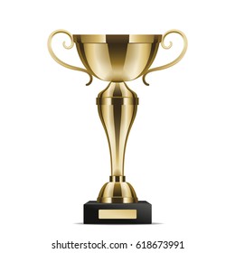 Golden Trophy Cup For Competition Reward Isolated On White Background. Shiny Award For First Place In Sport Tournament Vector Illustration. Honorable Victory Bowl Icon For Contest Participation.