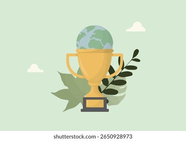 Golden trophy cup containing Earth globe surrounded by green leaves, symbolizing environmental achievement, sustainability awards and ecological recognition. Flat style. Vector illustration
