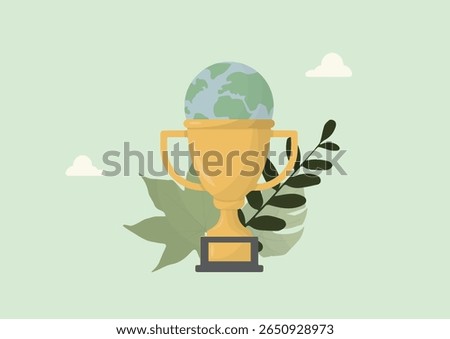 Golden trophy cup containing Earth globe surrounded by green leaves, symbolizing environmental achievement, sustainability awards and ecological recognition. Flat style. Vector illustration
