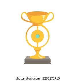 Copa Trofeo dorado con ilustración de disco o círculo vectorial. Trofeo de oro de dibujos animados en recompensa por deportes o competencia aislados en fondo blanco. Premio, concepto de campeonato