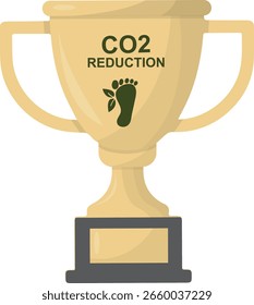 Golden trophy cup featuring CO2 reduction text and eco-friendly footprint symbol. Environmental sustainability award and recognition. Carbon neutral. Transparent background. Vector illustration