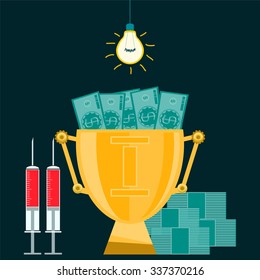 Golden trophy Cup filled with dollar bills. Bribe, money for dope. Criminal room with electric light. Dishonest victory.