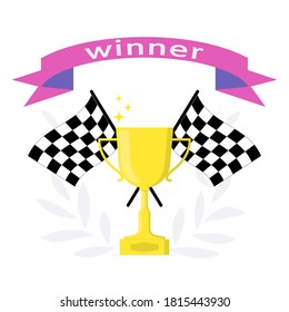 Copa del Trofeo de Oro con banderas de acabado y la cinta ganadora con la inscripción ganadora, concepto de victoria. Ilustración vectorial aislada en un fondo blanco de estilo plano.