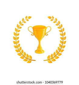 Golden trophy cup. first place winner award with laurel wreath. Gold goblet. vector illustration