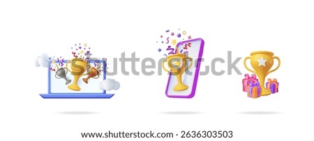 Golden trophy cup with gift boxes and awards on laptop and phone. Online contest winner and prize concept.
