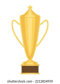 Golden trophy cup. Goblet sticker with lid and handles. Award or prize for winning championship. Design element for social networks. Cartoon flat vector illustration isolated on white background