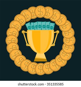 Golden trophy Cup with gold coins and dollar bills. Cash prize for winning the competition. A bribe for a victory.