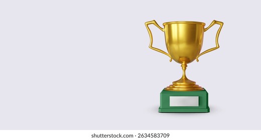 Golden Trophy Cup with Green Base and Blank Plate on Light Background. Perfect for Awards, Competitions, and Achievement Concepts. Realistic and Clean Vector Illustration.