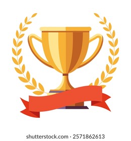Golden trophy cup icon with laurel wreath isolated on white background. Winner symbol illustration.