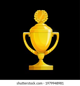 Golden trophy cup icon, vector gold goblet for first place winner prize award. Champion cup with laurel wreath and handles, number one winner trophy, contest victory achievement, success celebration