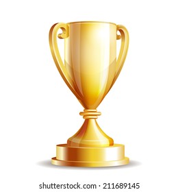 Golden trophy cup isolated on white background. Vector illustration