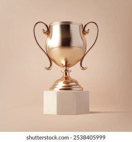 Golden trophy cup isolated on beige background. 3D illustration.