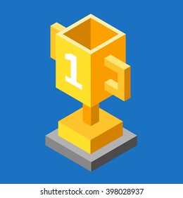 Golden trophy cup isometric 3d icon. Cup for first place