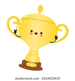 Golden trophy cup jumping character. Vector hand drawn cartoon kawaii character illustration icon. Isolated on white background. Golden trophy cup character concept