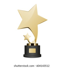 Golden trophy cup with large and small star graphic icon. Vector illustration of realistic trophies isolated. Gold reward on black base with nameplate. Hand drawn pattern cartoon style flat design.