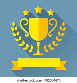 Golden trophy cup with laurel wreath, stars and ribbon