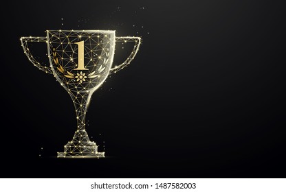 Golden trophy cup from lines, triangles and particle style design. Illustration vector