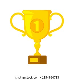 Golden trophy cup with number one on it. Sport game champion award. Idea of victory and success. Isolated flat vector illustration