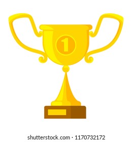 Golden trophy cup with number one on it. Sport game champion award. Idea of victory and success. Isolated flat vector illustration