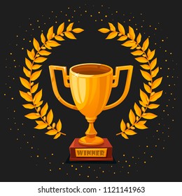 Golden trophy cup on dark background. First place winner award with gold laurel wreath and shiny dust. Champion s Gold goblet. vector illustration