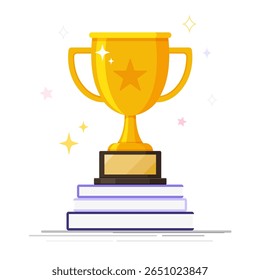Golden trophy cup on a pile of books. Winner award. Victory symbol. Winner concept. Flat vector illustration. Winning learning or competition concept.