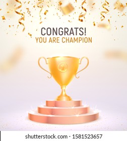 Golden trophy cup on podium vector illustration. First place win template with falling down confetti on white background