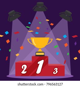 Golden trophy cup on podium with spotlights on ultra violet for trend in 2018 background. Gold cup for champion sport, sport pedestal. Can be used sport day poster design. Concept winner. Vector EPS10