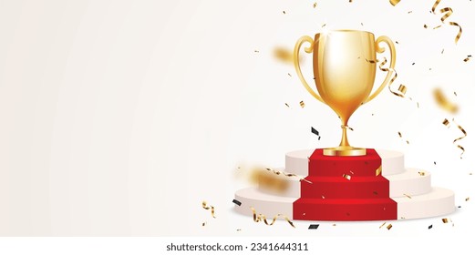 Golden Trophy cup on red round podium with gold confetti