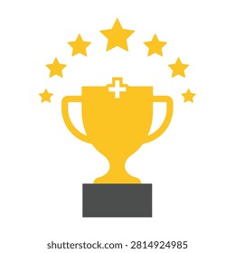 A golden trophy cup with a plus sign and surrounded by stars on a white background representing success