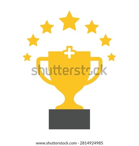 A golden trophy cup with a plus sign and surrounded by stars on a white background representing success