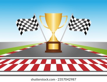 Golden Trophy Cup or Racing Champion Cup  with Checkered Flag in Racing Track. Champion and Winning or Celebration Concept. Vector Illustration.