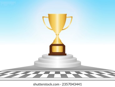 Golden Trophy Cup or Racing Champion Cup in Racing Track. Champion and Winning or Celebration Concept. Vector Illustration.