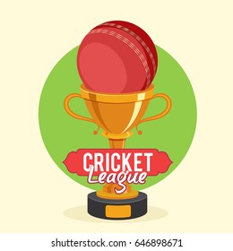Golden Trophy Cup with red ball for Cricket League concept.