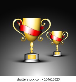 Golden trophy or golden cup with red ribbons, isolated on grey background. EPS 10.