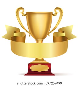 golden trophy cup and ribbon with space for text on white. vector design template