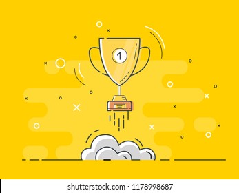 Golden trophy cup rocket launch for idea boost. Trendy flat vector on yellow background. Vector Illustration. 